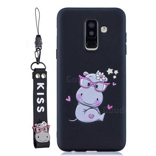 Black Flower Hippo Soft Kiss Candy Hand Strap Silicone Case for Samsung Galaxy A6 Plus (2018)