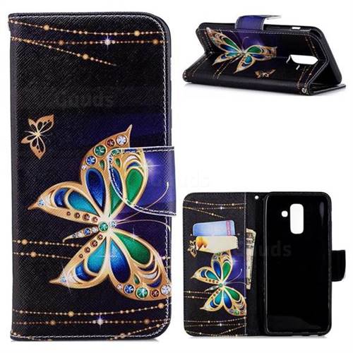 Golden Shining Butterfly Leather Wallet Case for Samsung Galaxy A6 Plus (2018)