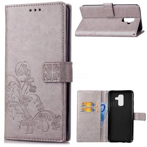 Embossing Imprint Four-Leaf Clover Leather Wallet Case for Samsung Galaxy A6 Plus (2018) - Grey