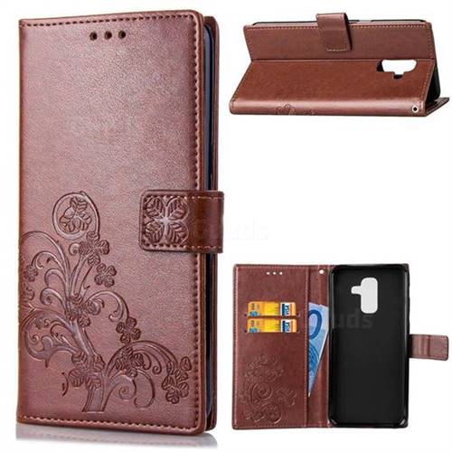 Embossing Imprint Four-Leaf Clover Leather Wallet Case for Samsung Galaxy A6 Plus (2018) - Brown