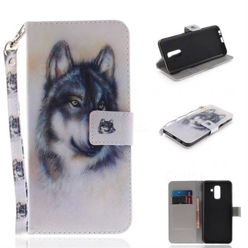 Snow Wolf Hand Strap Leather Wallet Case for Samsung Galaxy A6 Plus (2018)