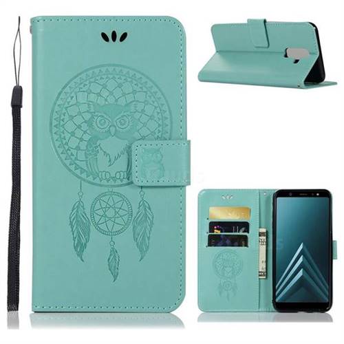 Intricate Embossing Owl Campanula Leather Wallet Case for Samsung Galaxy A6 Plus (2018) - Green