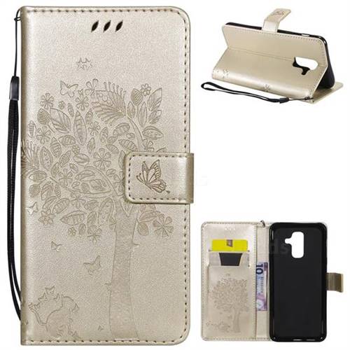 Embossing Butterfly Tree Leather Wallet Case for Samsung Galaxy A6 Plus (2018) - Champagne