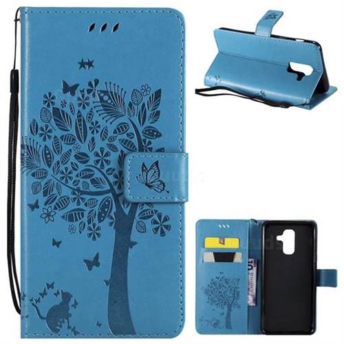 Embossing Butterfly Tree Leather Wallet Case for Samsung Galaxy A6 Plus (2018) - Blue