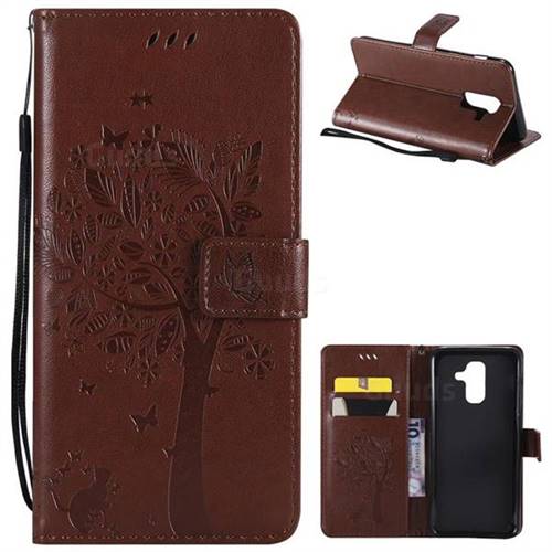 Embossing Butterfly Tree Leather Wallet Case for Samsung Galaxy A6 Plus (2018) - Brown