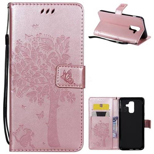 Embossing Butterfly Tree Leather Wallet Case for Samsung Galaxy A6 Plus (2018) - Rose Pink