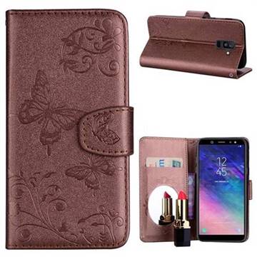 Embossing Butterfly Morning Glory Mirror Leather Wallet Case for Samsung Galaxy A6 Plus (2018) - Coffee