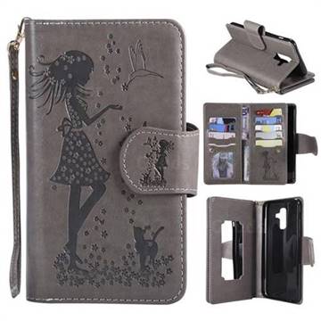 Embossing Cat Girl 9 Card Leather Wallet Case for Samsung Galaxy A6 Plus (2018) - Gray