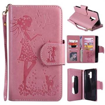 Embossing Cat Girl 9 Card Leather Wallet Case for Samsung Galaxy A6 Plus (2018) - Pink