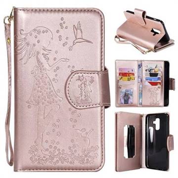 Embossing Cat Girl 9 Card Leather Wallet Case for Samsung Galaxy A6 Plus (2018) - Rose Gold