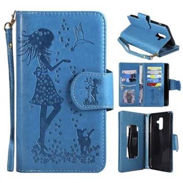 Embossing Cat Girl 9 Card Leather Wallet Case for Samsung Galaxy A6 Plus (2018) - Blue