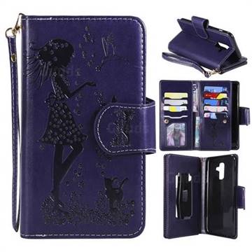 Embossing Cat Girl 9 Card Leather Wallet Case for Samsung Galaxy A6 Plus (2018) - Purple