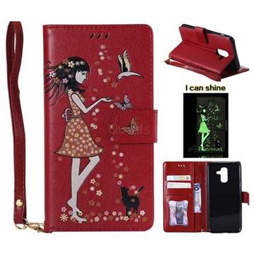 Luminous Flower Girl Cat Leather Wallet Case for Samsung Galaxy A6 Plus (2018) - Red