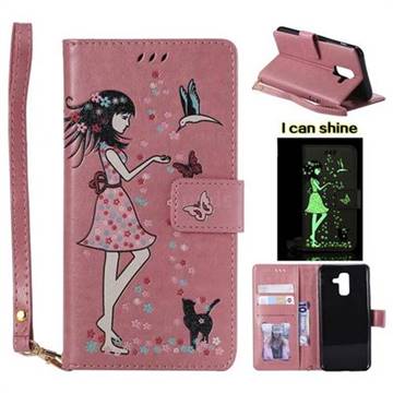 Luminous Flower Girl Cat Leather Wallet Case for Samsung Galaxy A6 Plus (2018) - Hot Pink