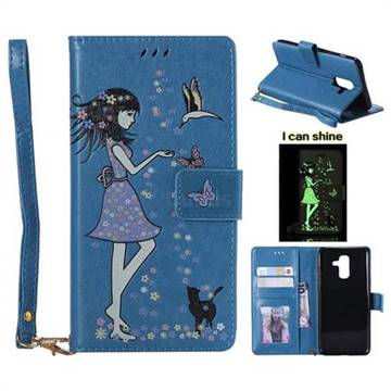 Luminous Flower Girl Cat Leather Wallet Case for Samsung Galaxy A6 Plus (2018) - Blue
