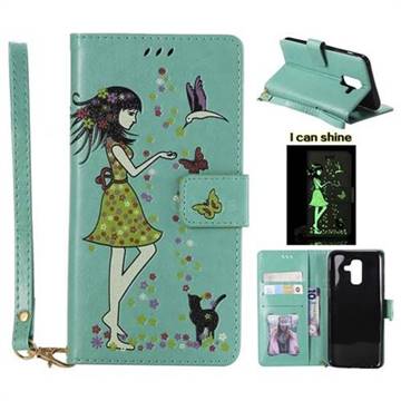 Luminous Flower Girl Cat Leather Wallet Case for Samsung Galaxy A6 Plus (2018) - Green