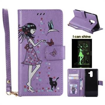 Luminous Flower Girl Cat Leather Wallet Case for Samsung Galaxy A6 Plus (2018) - Purple