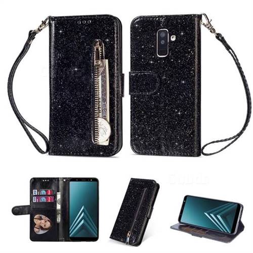 Glitter Shine Leather Zipper Wallet Phone Case for Samsung Galaxy A6 Plus (2018) - Black
