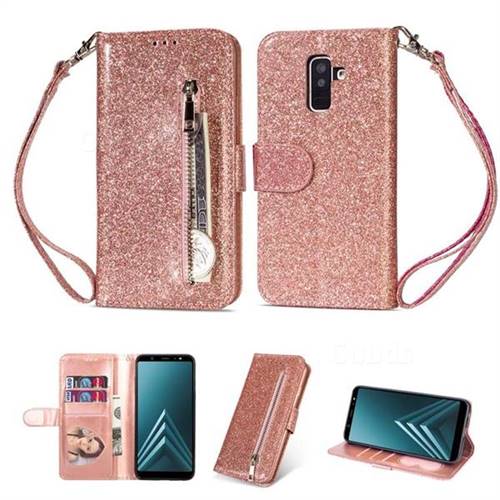 Glitter Shine Leather Zipper Wallet Phone Case for Samsung Galaxy A6 Plus (2018) - Pink
