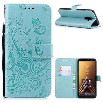 Intricate Embossing Butterfly Circle Leather Wallet Case for Samsung Galaxy A6 Plus (2018) - Cyan