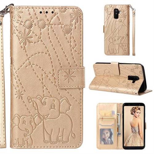 Embossing Fireworks Elephant Leather Wallet Case for Samsung Galaxy A6 Plus (2018) - Golden