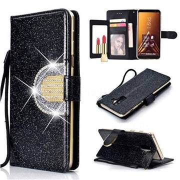 Glitter Diamond Buckle Splice Mirror Leather Wallet Phone Case for Samsung Galaxy A6 Plus (2018) - Black