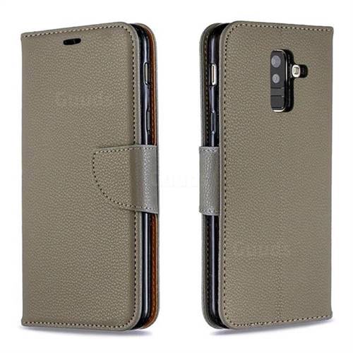 Classic Luxury Litchi Leather Phone Wallet Case for Samsung Galaxy A6 Plus (2018) - Gray