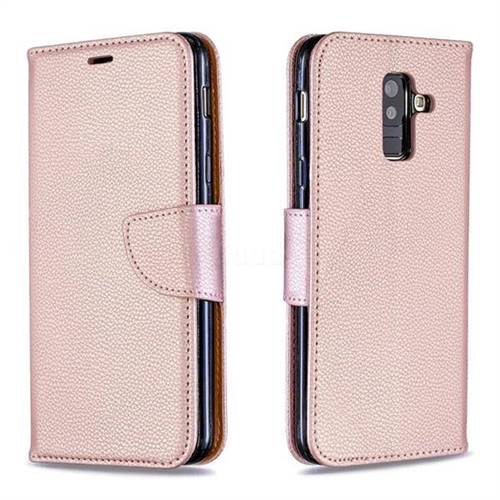 Classic Luxury Litchi Leather Phone Wallet Case for Samsung Galaxy A6 Plus (2018) - Golden