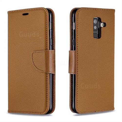 Classic Luxury Litchi Leather Phone Wallet Case for Samsung Galaxy A6 Plus (2018) - Brown