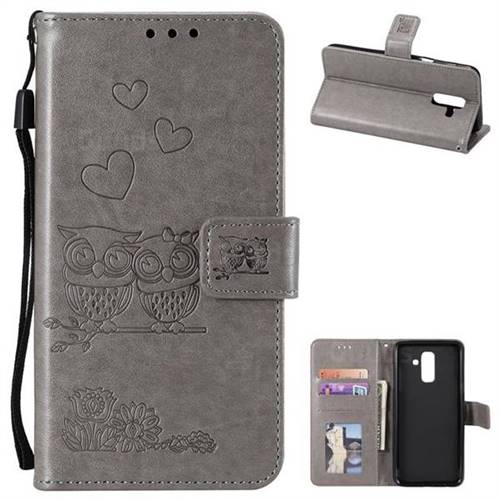 Embossing Owl Couple Flower Leather Wallet Case for Samsung Galaxy A6 Plus (2018) - Gray