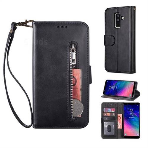 Retro Calfskin Zipper Leather Wallet Case Cover for Samsung Galaxy A6 Plus (2018) - Black