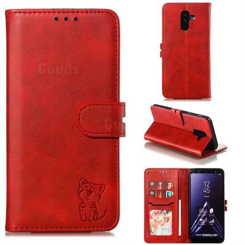 Embossing Happy Cat Leather Wallet Case for Samsung Galaxy A6 Plus (2018) - Red