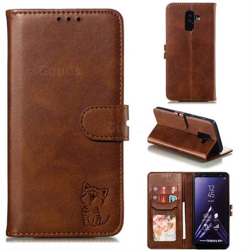 Embossing Happy Cat Leather Wallet Case for Samsung Galaxy A6 Plus (2018) - Brown