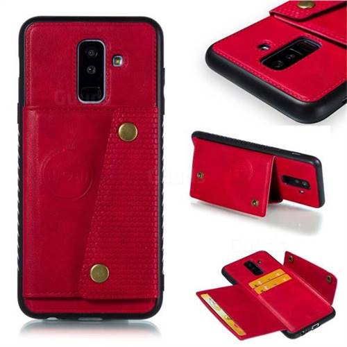 Retro Multifunction Card Slots Stand Leather Coated Phone Back Cover for Samsung Galaxy A6 Plus (2018) - Red