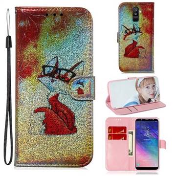 Glasses Fox Laser Shining Leather Wallet Phone Case for Samsung Galaxy A6 Plus (2018)