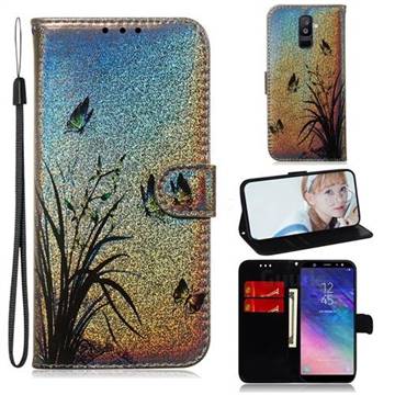 Butterfly Orchid Laser Shining Leather Wallet Phone Case for Samsung Galaxy A6 Plus (2018)