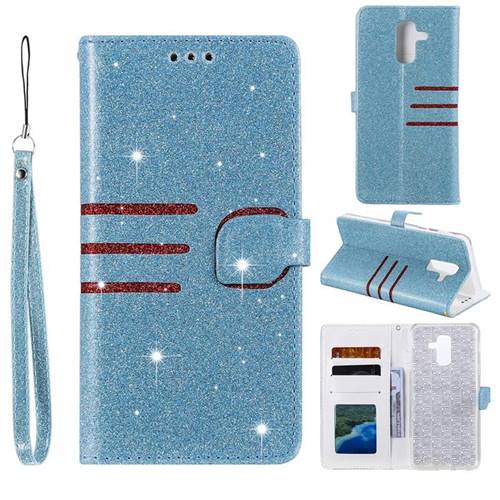 Retro Stitching Glitter Leather Wallet Phone Case for Samsung Galaxy A6 Plus (2018) - Blue
