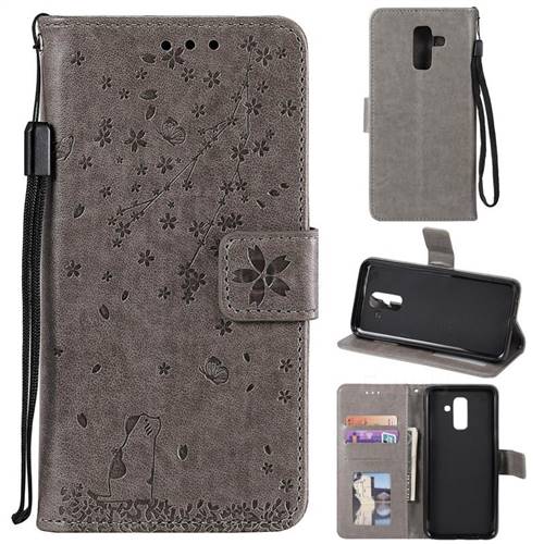 Embossing Cherry Blossom Cat Leather Wallet Case for Samsung Galaxy A6 Plus (2018) - Gray
