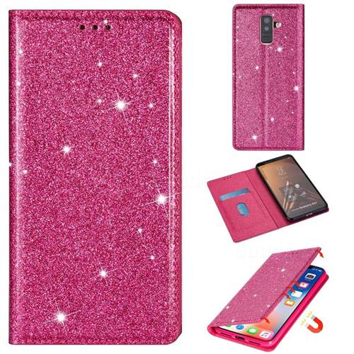 Ultra Slim Glitter Powder Magnetic Automatic Suction Leather Wallet Case for Samsung Galaxy A6 Plus (2018) - Rose Red