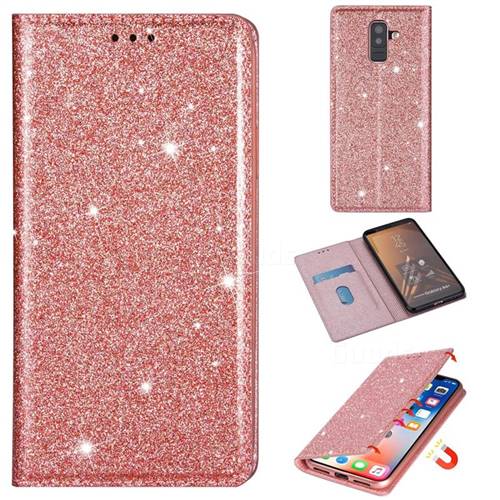 Ultra Slim Glitter Powder Magnetic Automatic Suction Leather Wallet Case for Samsung Galaxy A6 Plus (2018) - Rose Gold