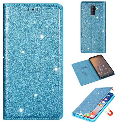 Ultra Slim Glitter Powder Magnetic Automatic Suction Leather Wallet Case for Samsung Galaxy A6 Plus (2018) - Blue