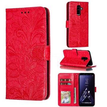 Intricate Embossing Lace Jasmine Flower Leather Wallet Case for Samsung Galaxy A6 Plus (2018) - Red