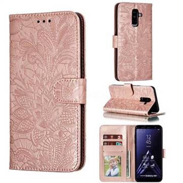 Intricate Embossing Lace Jasmine Flower Leather Wallet Case for Samsung Galaxy A6 Plus (2018) - Rose Gold