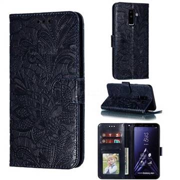 Intricate Embossing Lace Jasmine Flower Leather Wallet Case for Samsung Galaxy A6 Plus (2018) - Dark Blue