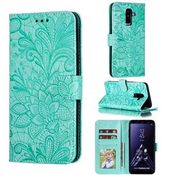 Intricate Embossing Lace Jasmine Flower Leather Wallet Case for Samsung Galaxy A6 Plus (2018) - Green