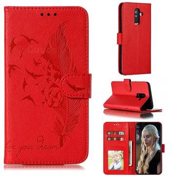 Intricate Embossing Lychee Feather Bird Leather Wallet Case for Samsung Galaxy A6 Plus (2018) - Red