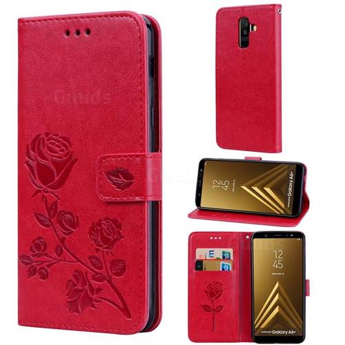 Embossing Rose Flower Leather Wallet Case for Samsung Galaxy A6 Plus (2018) - Red