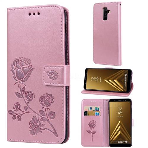 Embossing Rose Flower Leather Wallet Case for Samsung Galaxy A6 Plus (2018) - Rose Gold