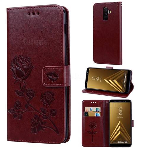 Embossing Rose Flower Leather Wallet Case for Samsung Galaxy A6 Plus (2018) - Brown