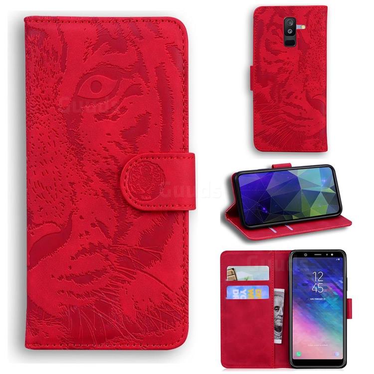 Intricate Embossing Tiger Face Leather Wallet Case for Samsung Galaxy A6 Plus (2018) - Red
